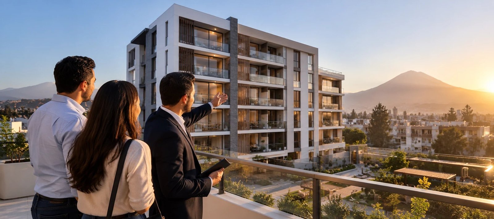 Asesor inmobiliario mostrando proyecto a compradores en Arequipa
